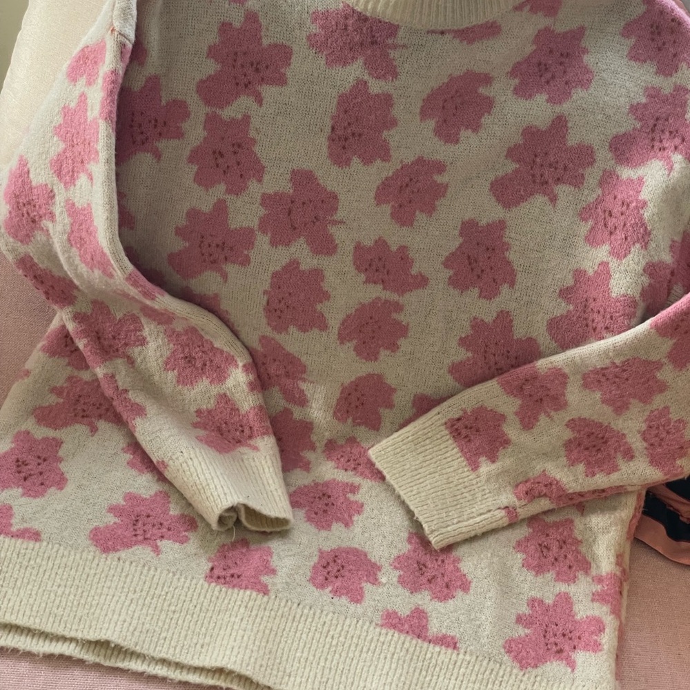 FRNCH Pink and Cream Floral Turtleneck Sweater